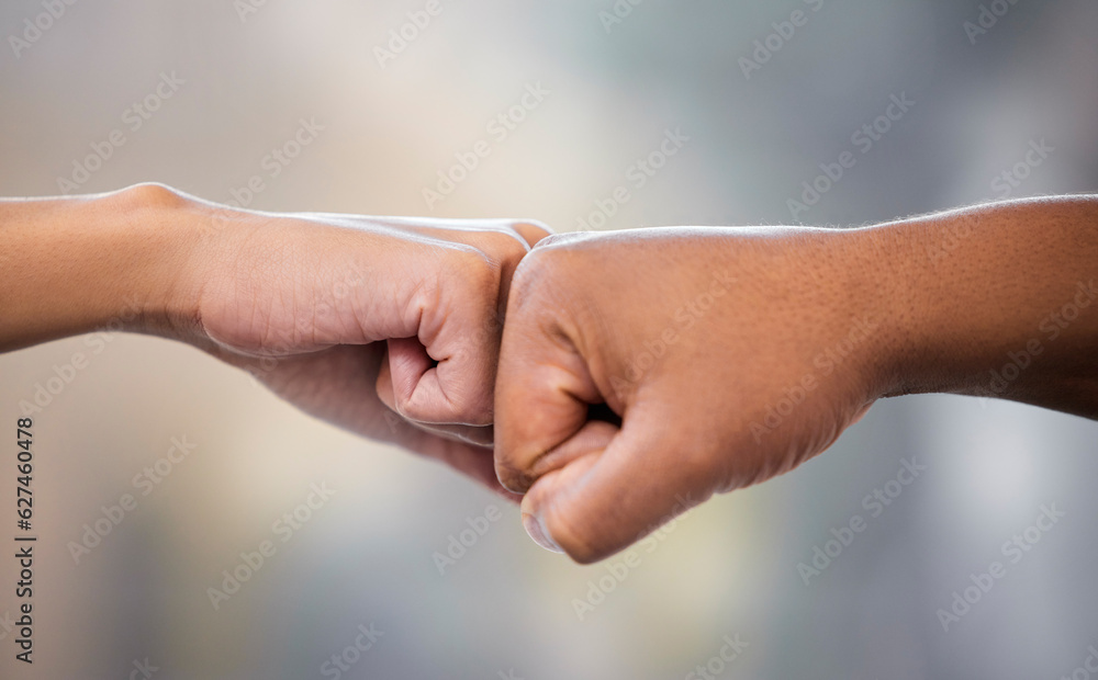 Hands, friends and fist bump outdoor in support of solidarity, teamwork or collaboration on blurred 