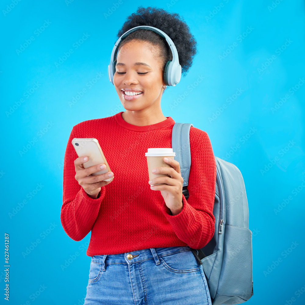 Phone music, student or happy woman reading education article, online university post and listening 