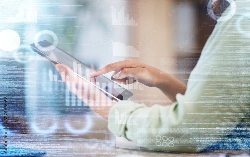 Hands of woman, dashboard and overlay of data analytics, tablet and research in stock market busines