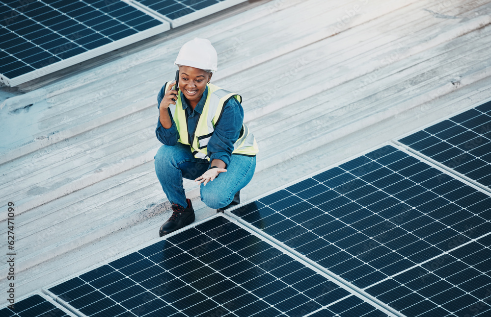 Rooftop phone call, solar panel and happy woman communication about renewable energy saving. Sustain