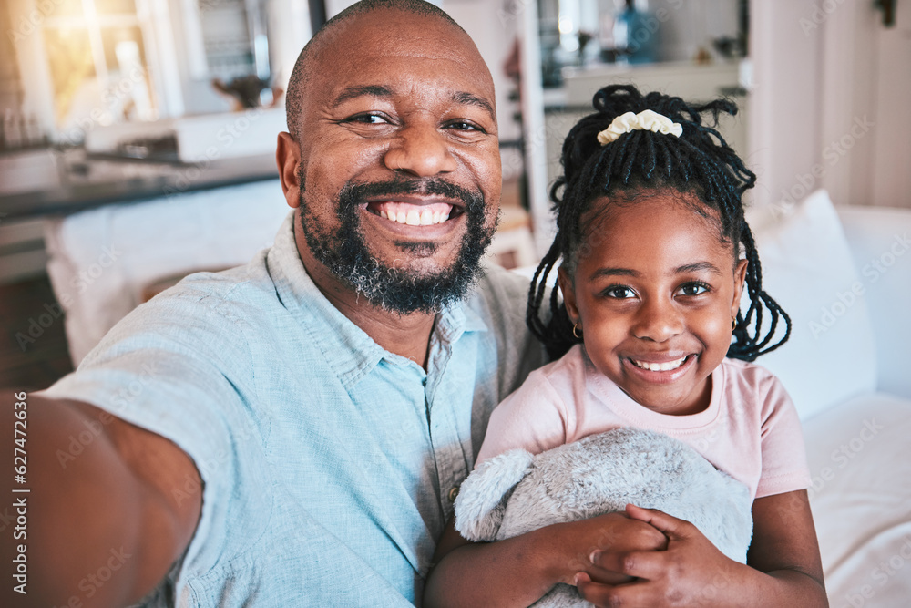 Grandfather, selfie and portrait of black kid in home living room, bond and relax together. African 