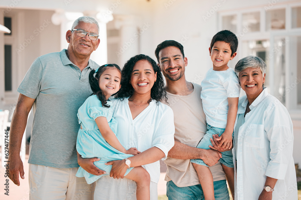 Happy, big family and portrait of parents, kids and grandparents outdoor at house, home or backyard 