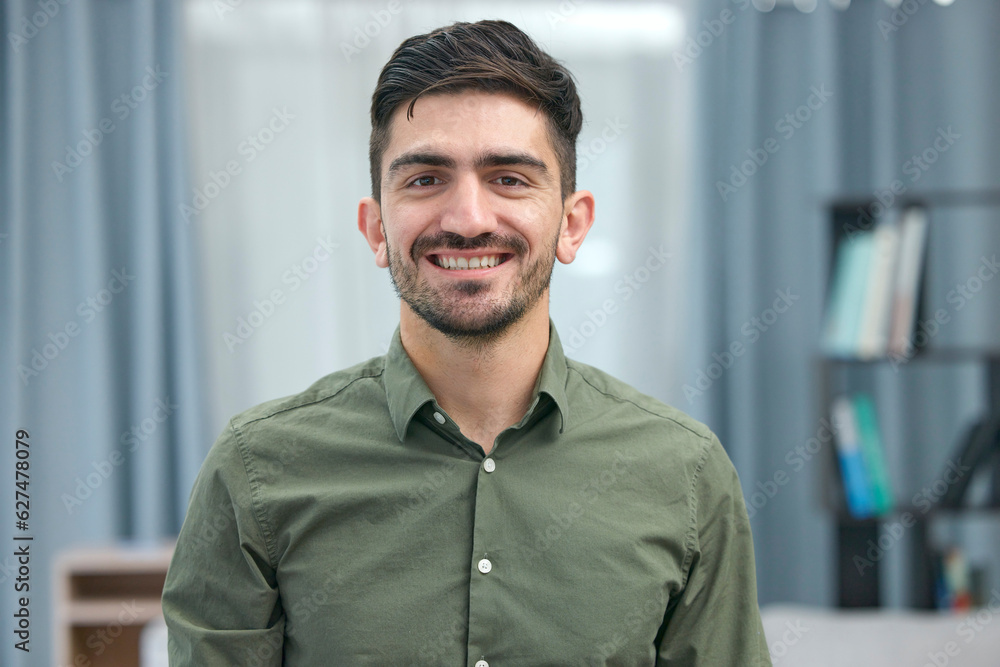 Smile, intern and accountant man in an office happy for company profit and financial goals in a busi