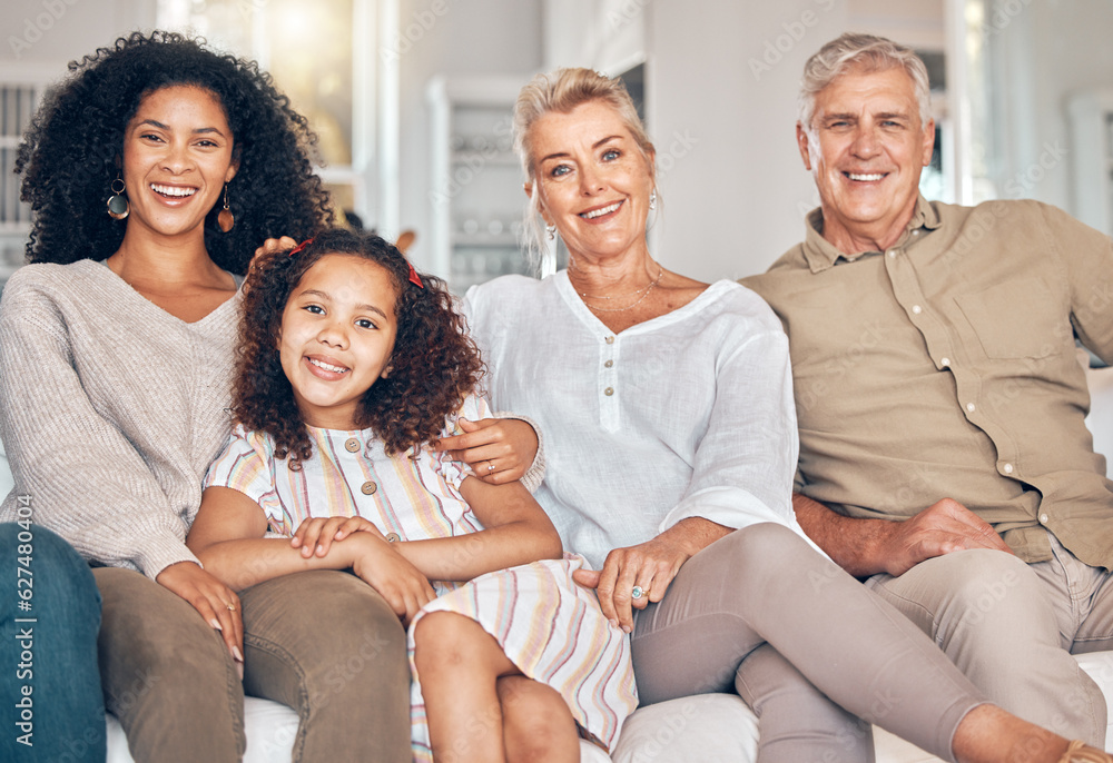 Portrait, family and grandparents, kid and mother in home, bonding and relax together in living room