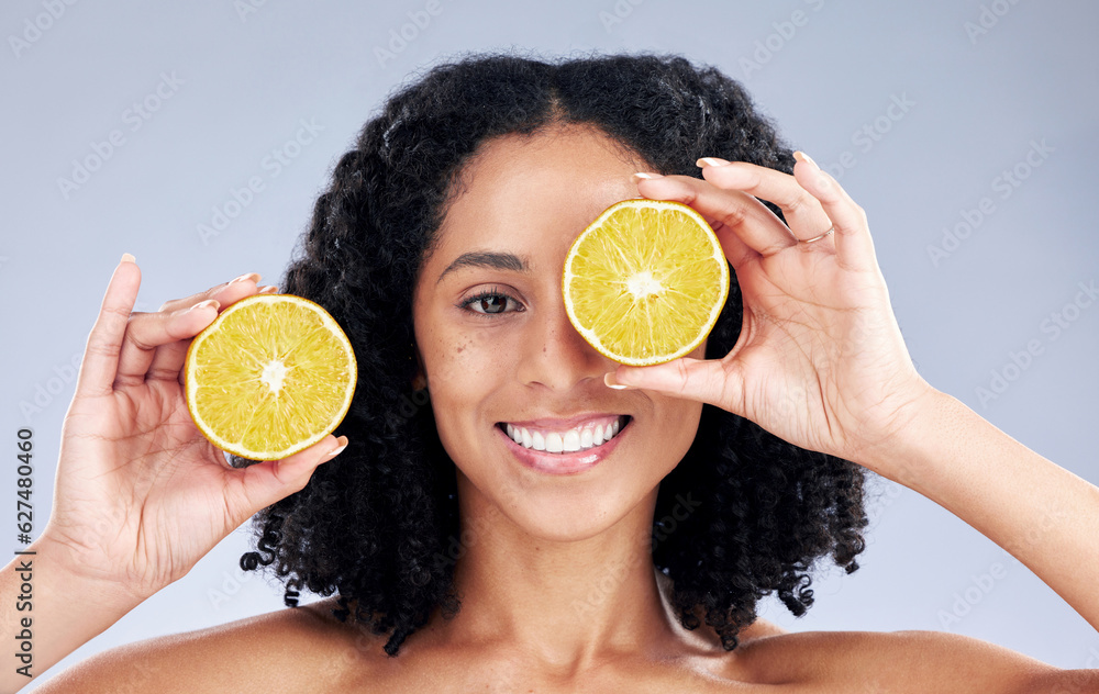 Girl, skincare and lemon eye for wellness in portrait for natural beauty in grey studio background. 