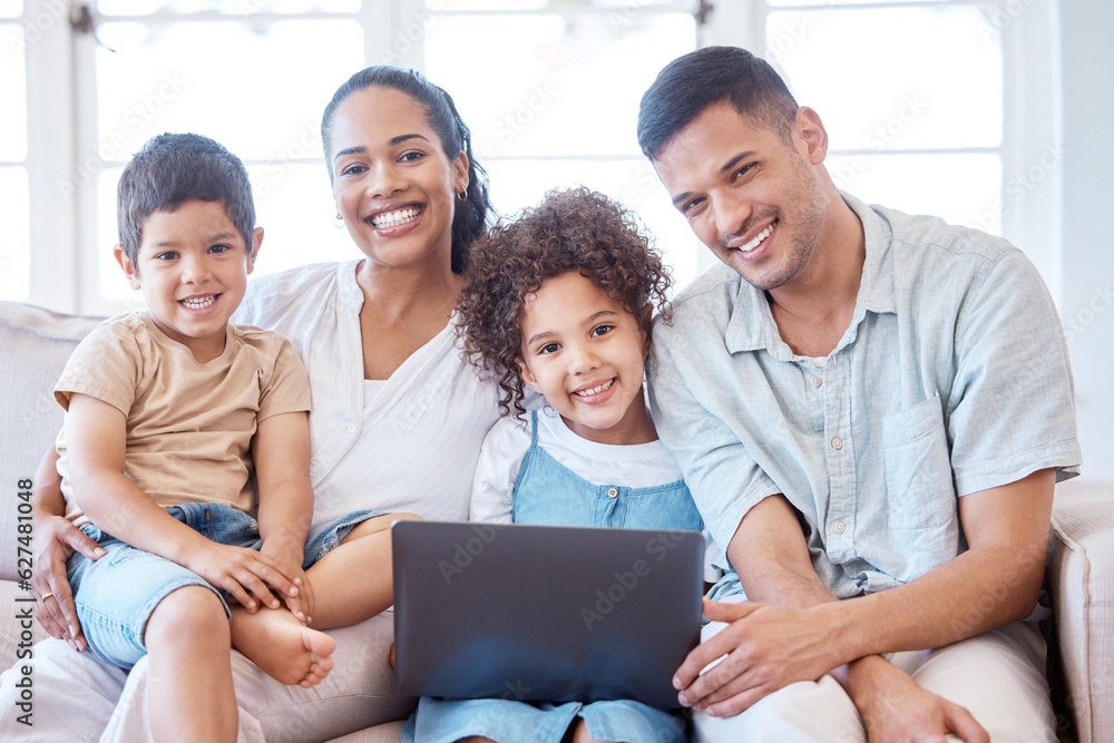 Parents, kids and portrait on sofa with laptop, smile and together for movie, video or cartoon on we