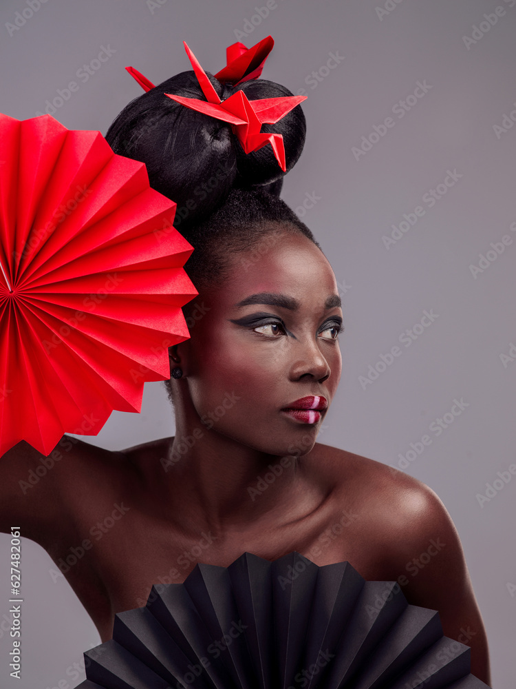 Beauty, makeup and origami with black woman in studio for creative, art and culture. Traditional, co