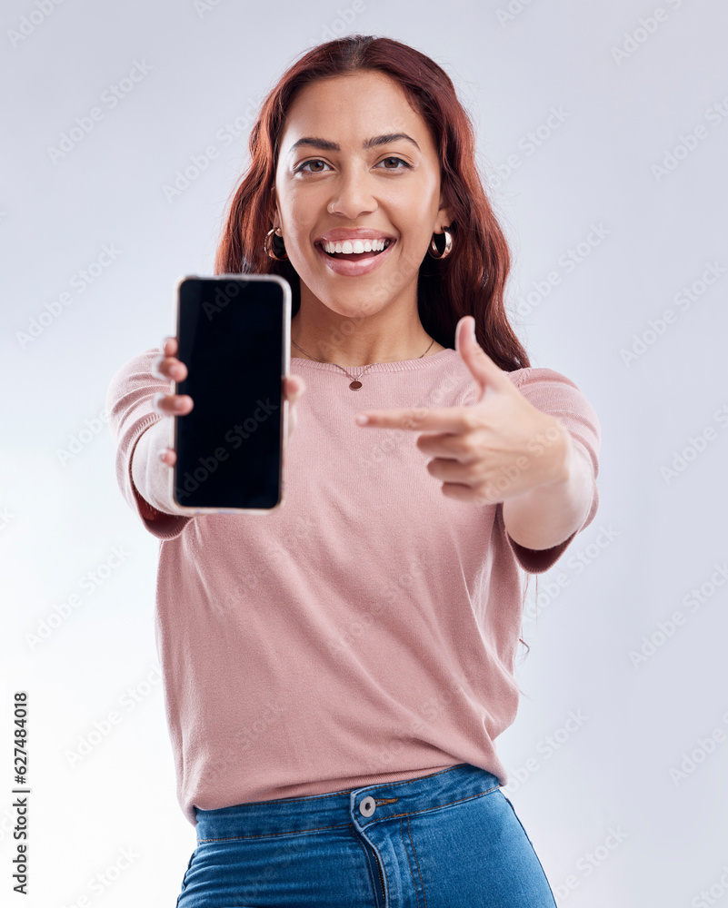 Woman is pointing at phone screen, mockup and advertising, mobile app ads on white background. Websi