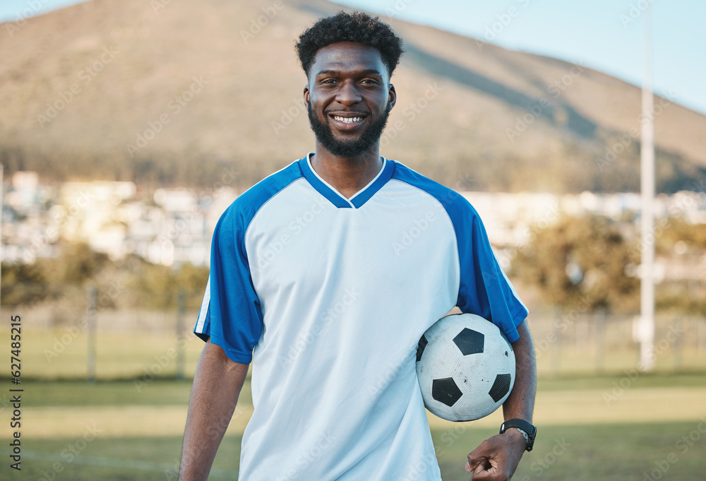 Soccer ball, football player or portrait of black man with smile in sports training, game or match o