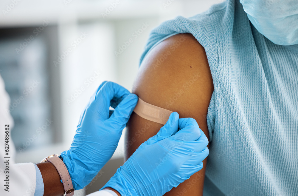 Healthcare, doctor with plaster on a patient arm and in a hospital room. Medicine treatment or safet