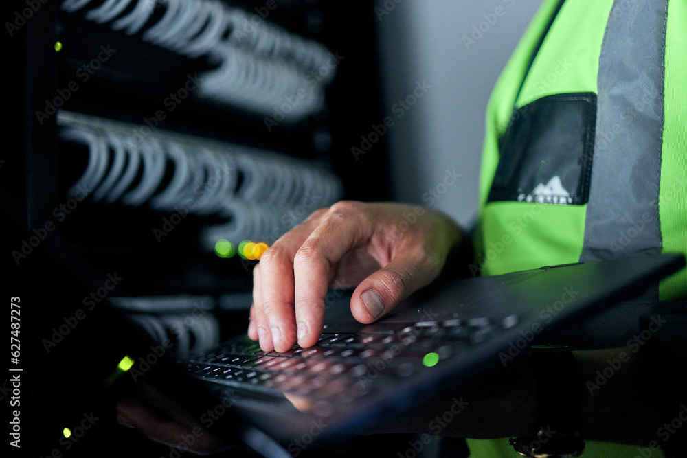 Hands, keyboard and typing for server, cables or man for inspection, coding or analysis in night for