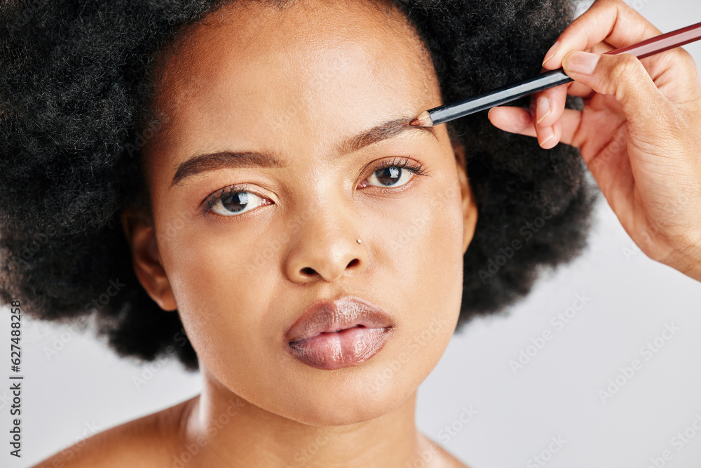 Portrait, african woman and beauty with eyebrows in grey studio background for facial. Portrait, bea