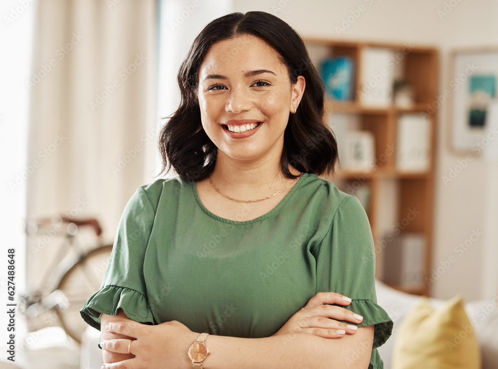 Happy, smile and portrait of woman with her arms crossed in the living room for confidence at home. 