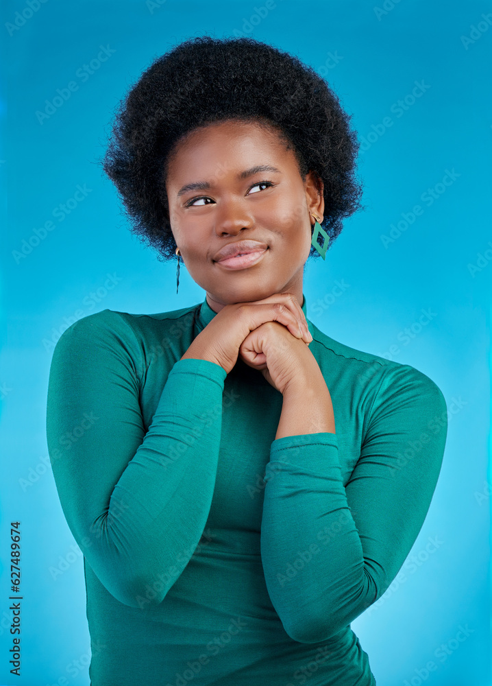 Opportunity, thinking and black woman with solution, choice or decision on a blue studio background.