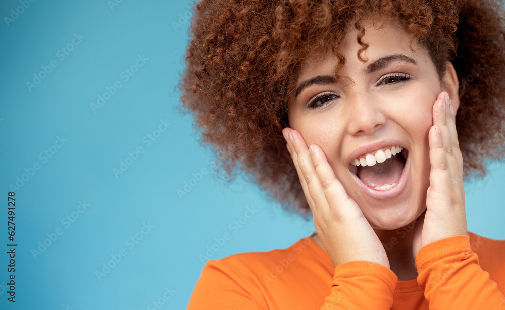 Surprise, happy and portrait of a woman in a studio with mockup space for sale, deal or discount. Ha