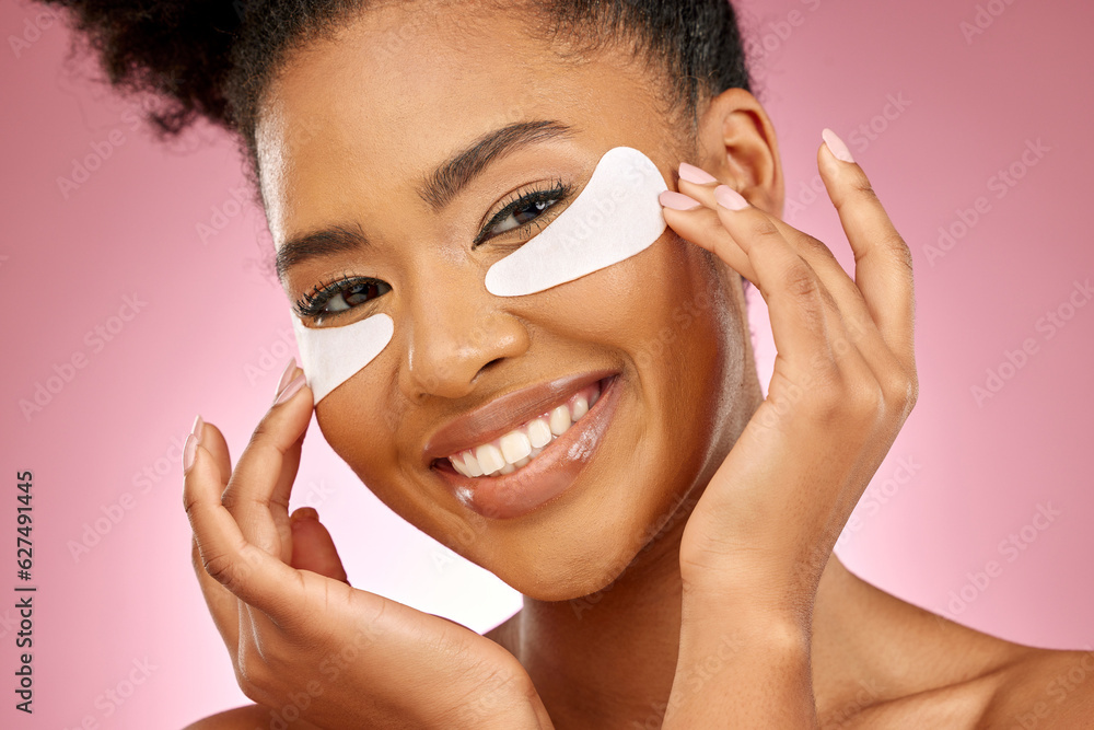 Woman, smile and eye patch for skincare in studio portrait with beauty, cosmetics or product by pink