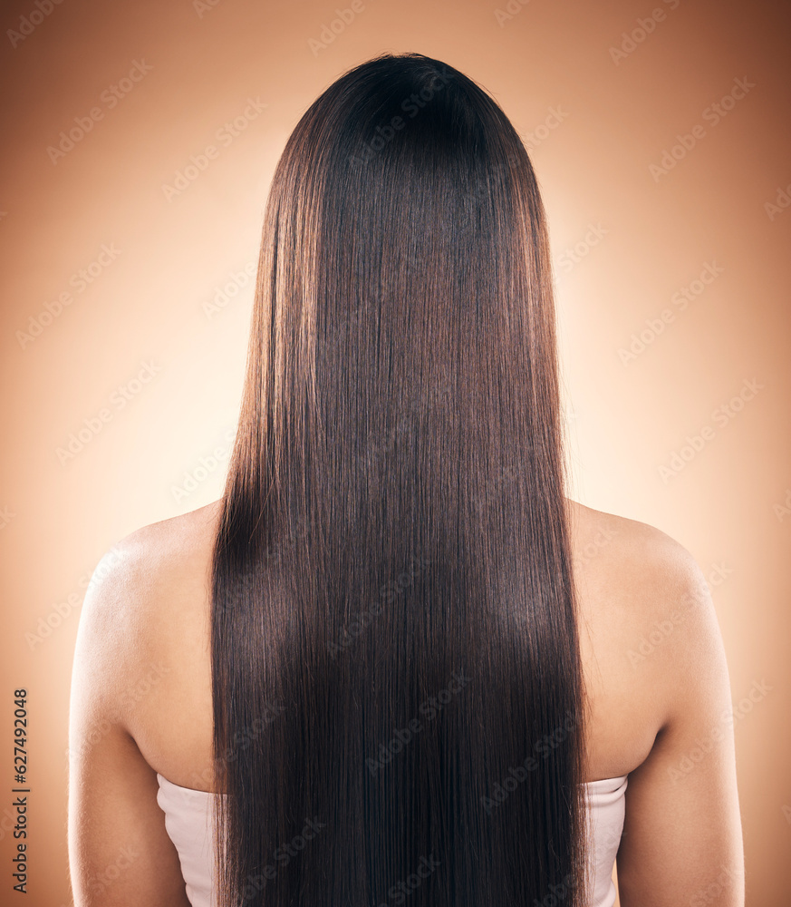 Back, straight hair and beauty of woman in studio isolated on a brown background. Haircare, natural 