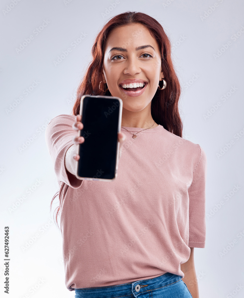 Woman in portrait, phone screen with mockup and advertising, mobile app ads on white background. Web