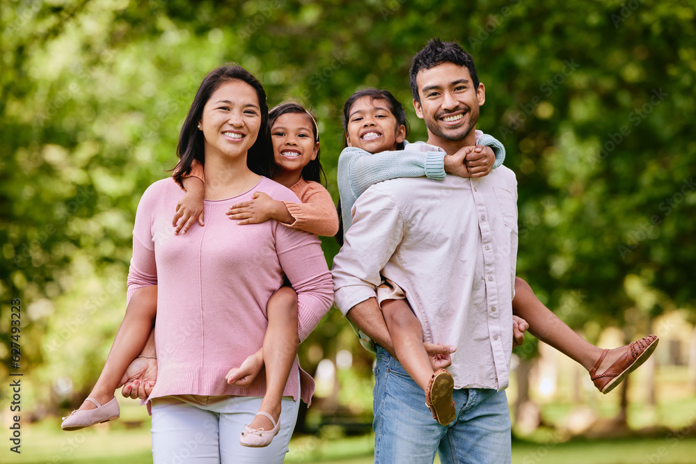 Piggyback, portrait and asian family in a park happy, smile and having fun while bonding outdoor. Lo