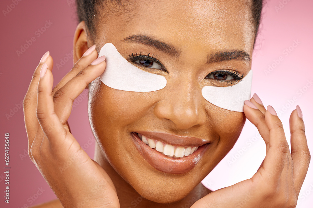 Skincare, portrait and black woman with mask on eyes, cosmetics and dermatology on pink background. 