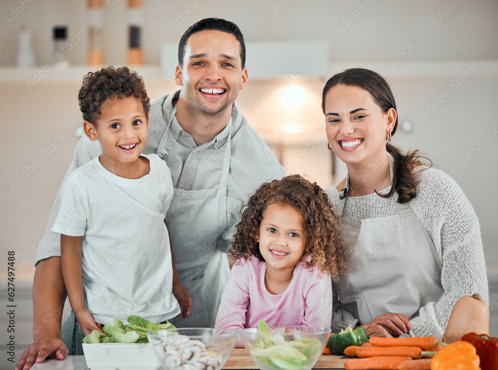 Cooking, help and portrait of family in kitchen for health, nutrition and food. Diet, vegetables and