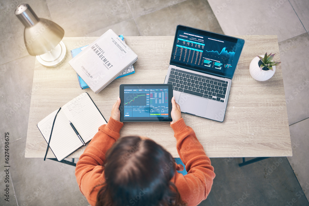 Woman at desk with laptop, tablet and data analytics for research in business management in stock ma