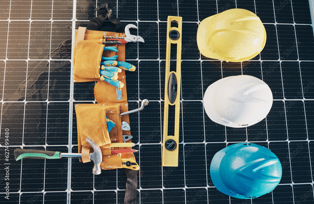 Solar panel, tools and renewable energy isolated for maintenance and construction work. Above view, 