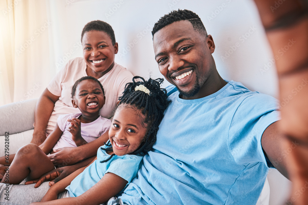 Selfie, black family and bond in a bed with smile, care and love together in their home. Portrait, m