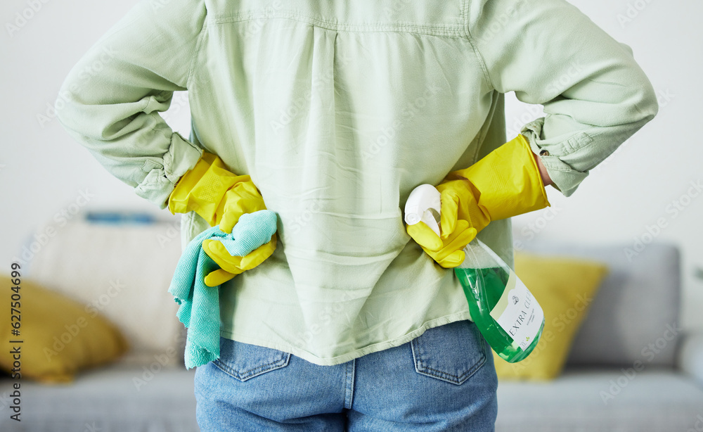 Back, ready and hands with product for cleaning, home service or tools for chores in the living room