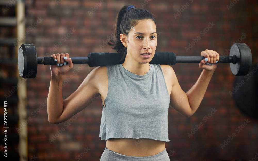 Barbell, exercise and woman in fitness gym for workout, training and challenge to be fit, strong and