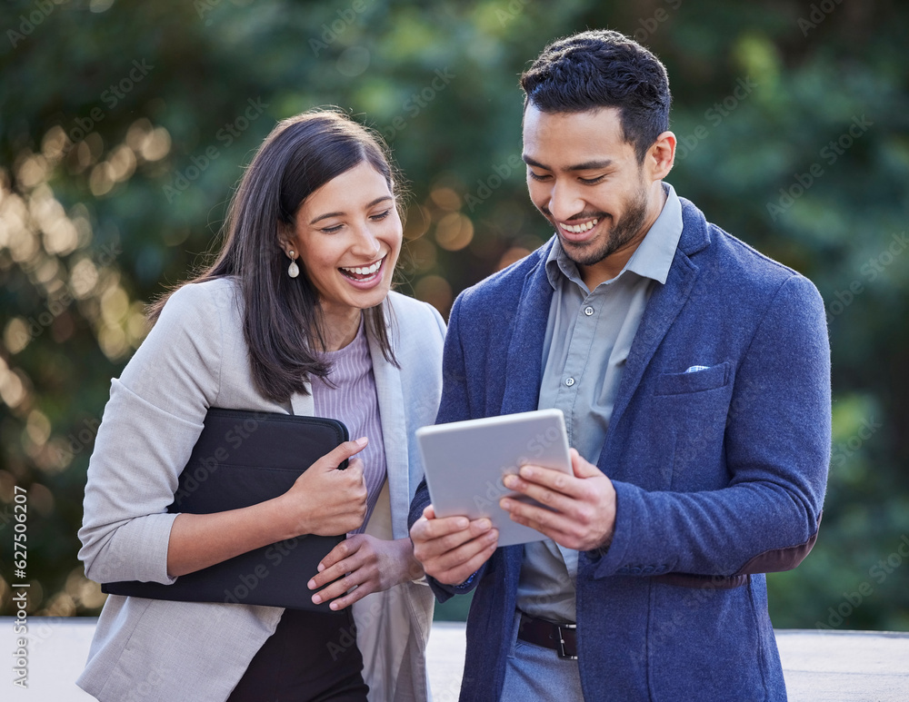 Business people, team laughing and tablet outdoor with internet connection for social media. A happy