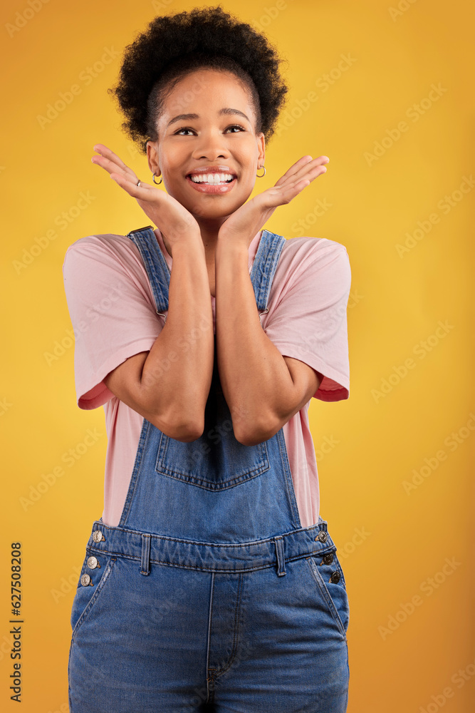 Thinking, choice and woman with a smile, decision and problem solving on a yellow studio background.