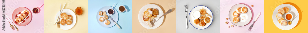 Set of tasty cottage cheese pancakes on color background, top view