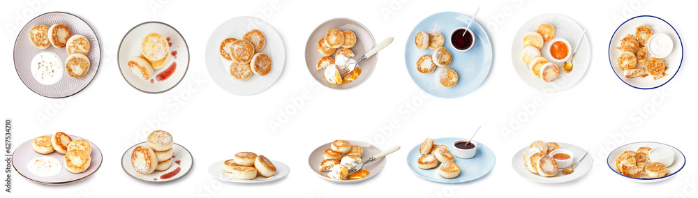 Set of tasty cottage cheese pancakes on white background