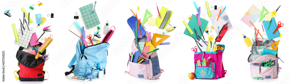 Set of school backpacks with flying stationery on white background