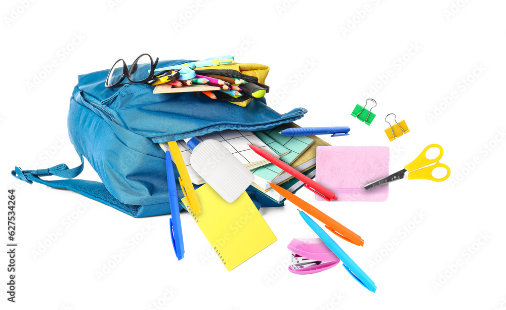 School backpack with stationery and eyeglasses on white background