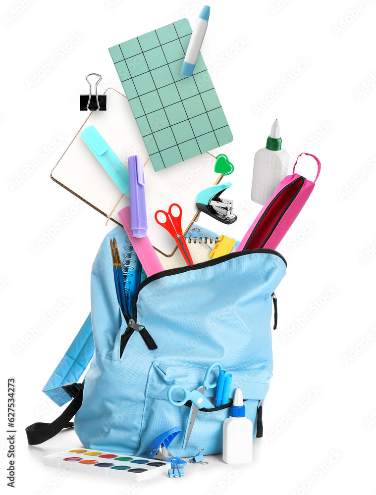 School backpack with stationery on white background