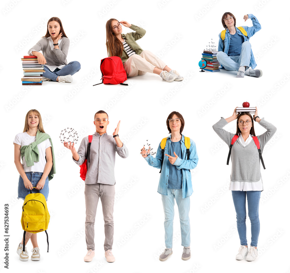 Collection of students on white background