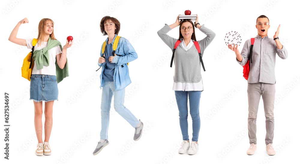 Set of students on white background