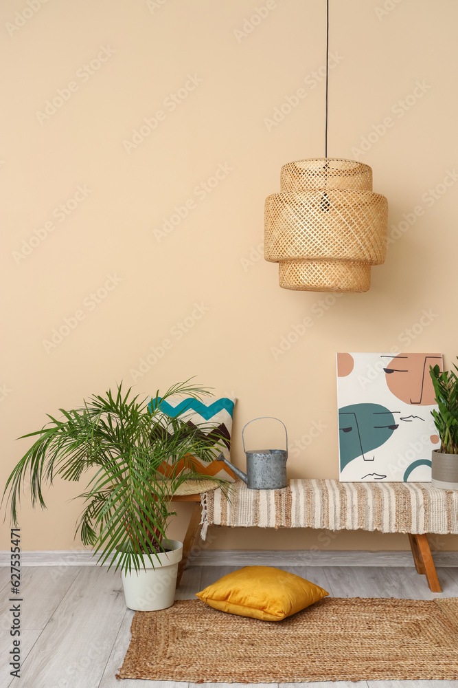 Interior of hall with bench and palm tree