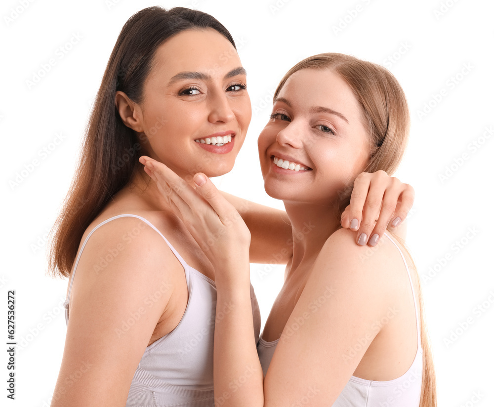 Young women with beautiful makeup on white background, closeup