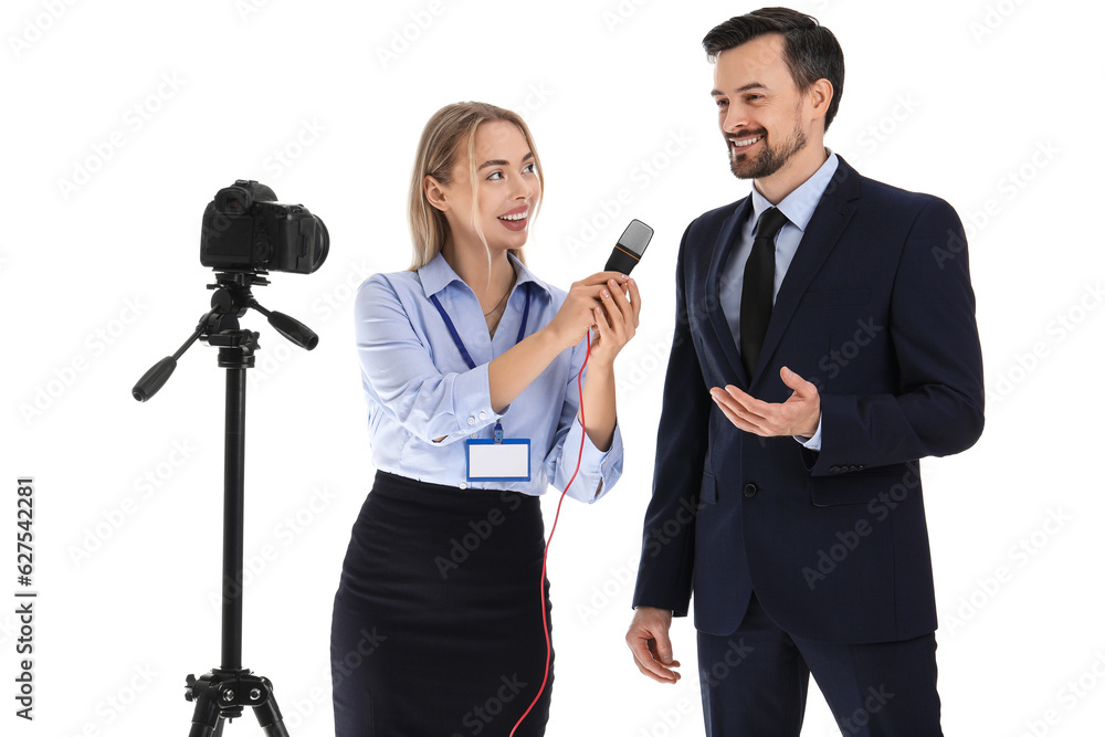 Female journalist with microphone having an interview with businessman on white background