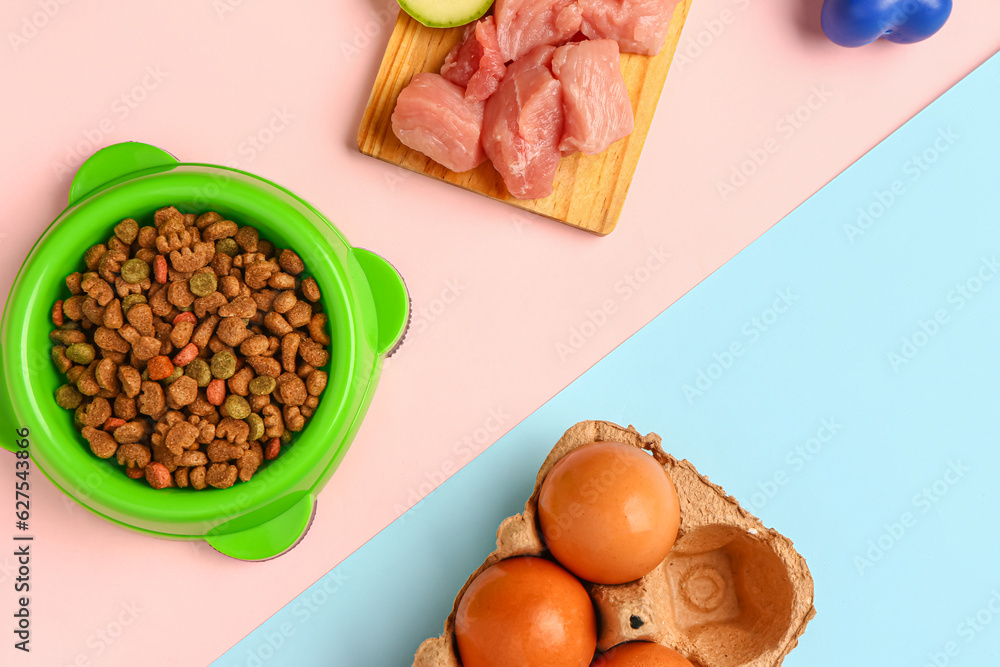 Bowl with dry pet food, raw meat and eggs on color background