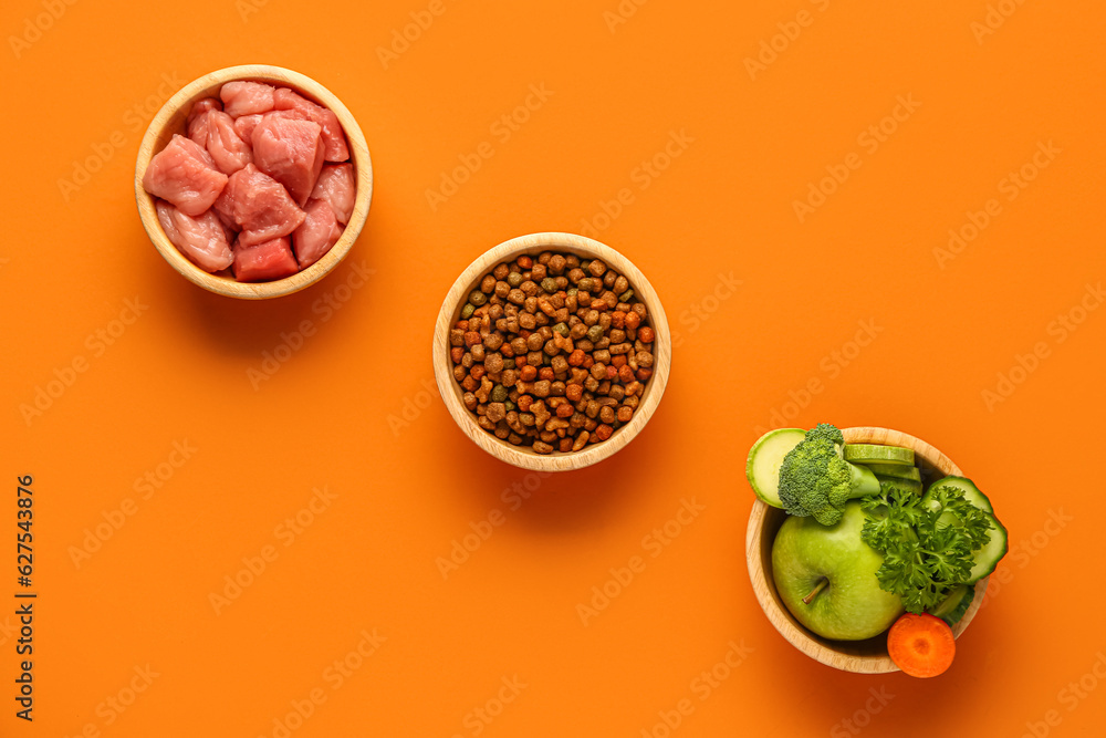 Bowls with dry pet food, raw meat and natural products on orange background