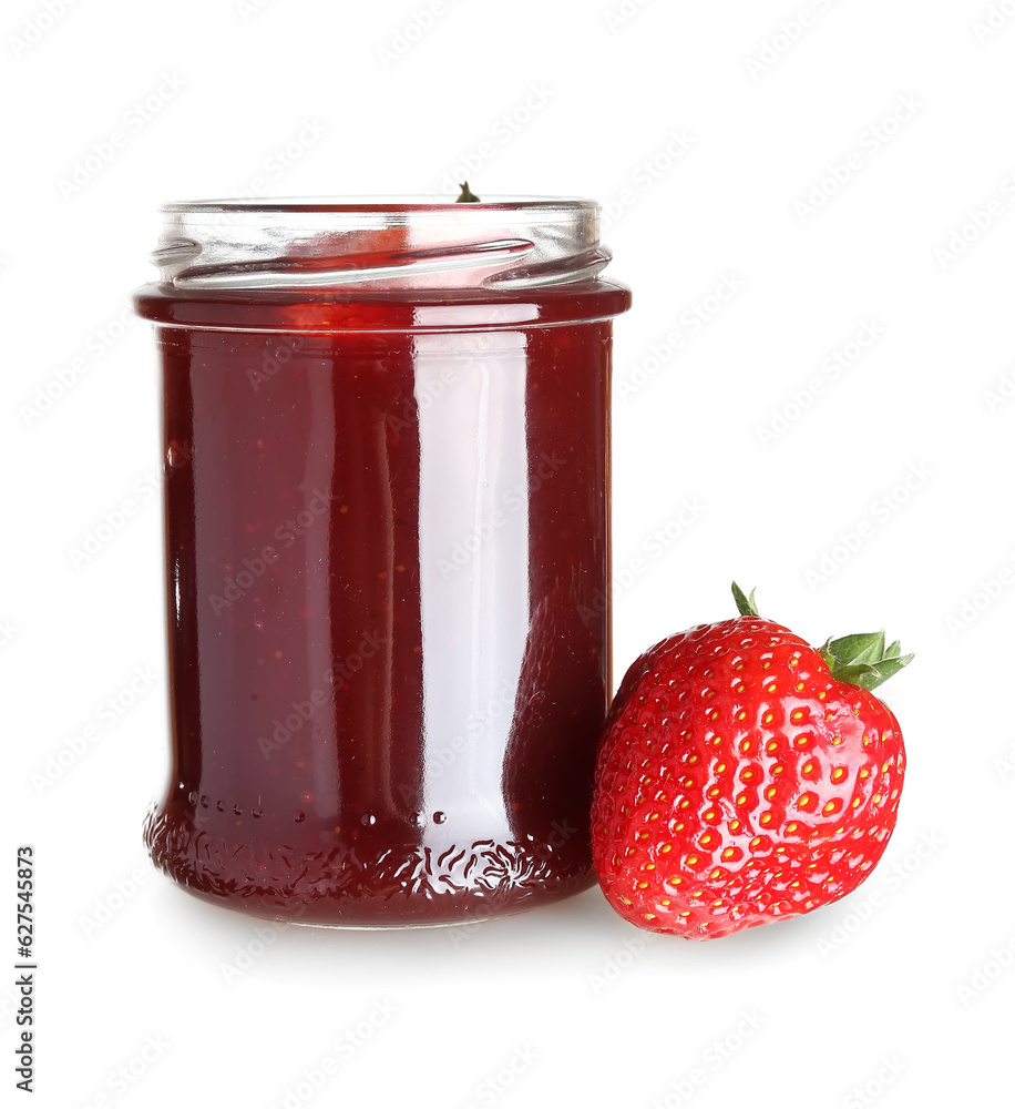 Jar of sweet strawberry jam isolated on white background