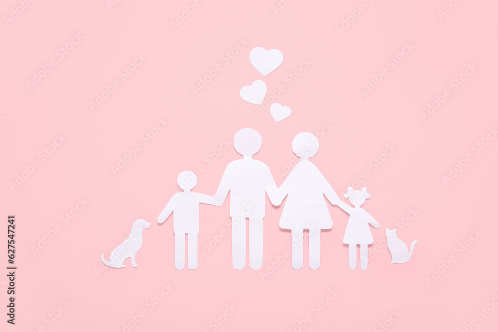 Figures of family and animals on pink background