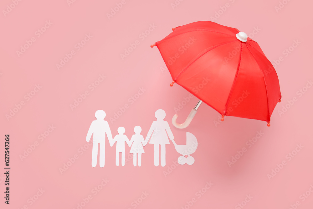 Figures of family with mini umbrella on pink background. Insurance concept