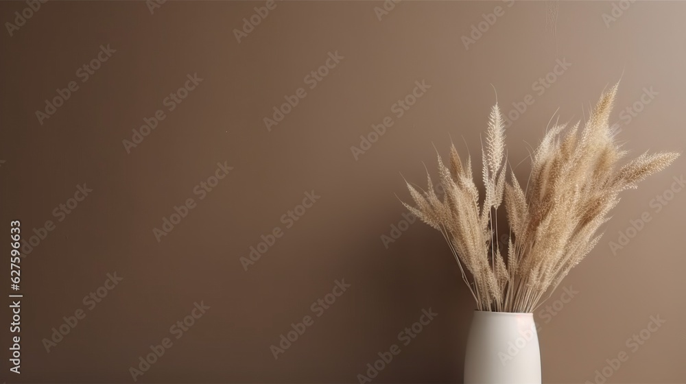 Vase with decorative dry plant branch against beige wall background. Minimalist interior mockup. Gen