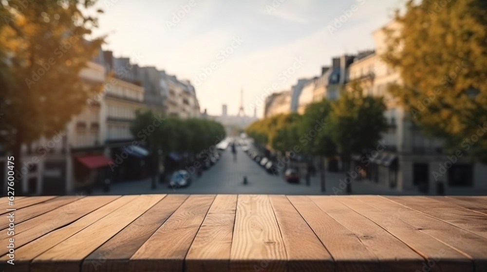 Wood table mockup with Paris city street in shallow depth of field. Copy space for product. Generati