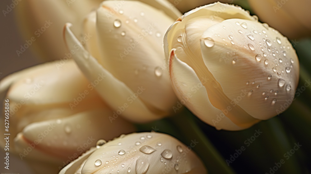 Creamy Tulips flowers with water drops background. Closeup of blossom with glistening droplets. Gene